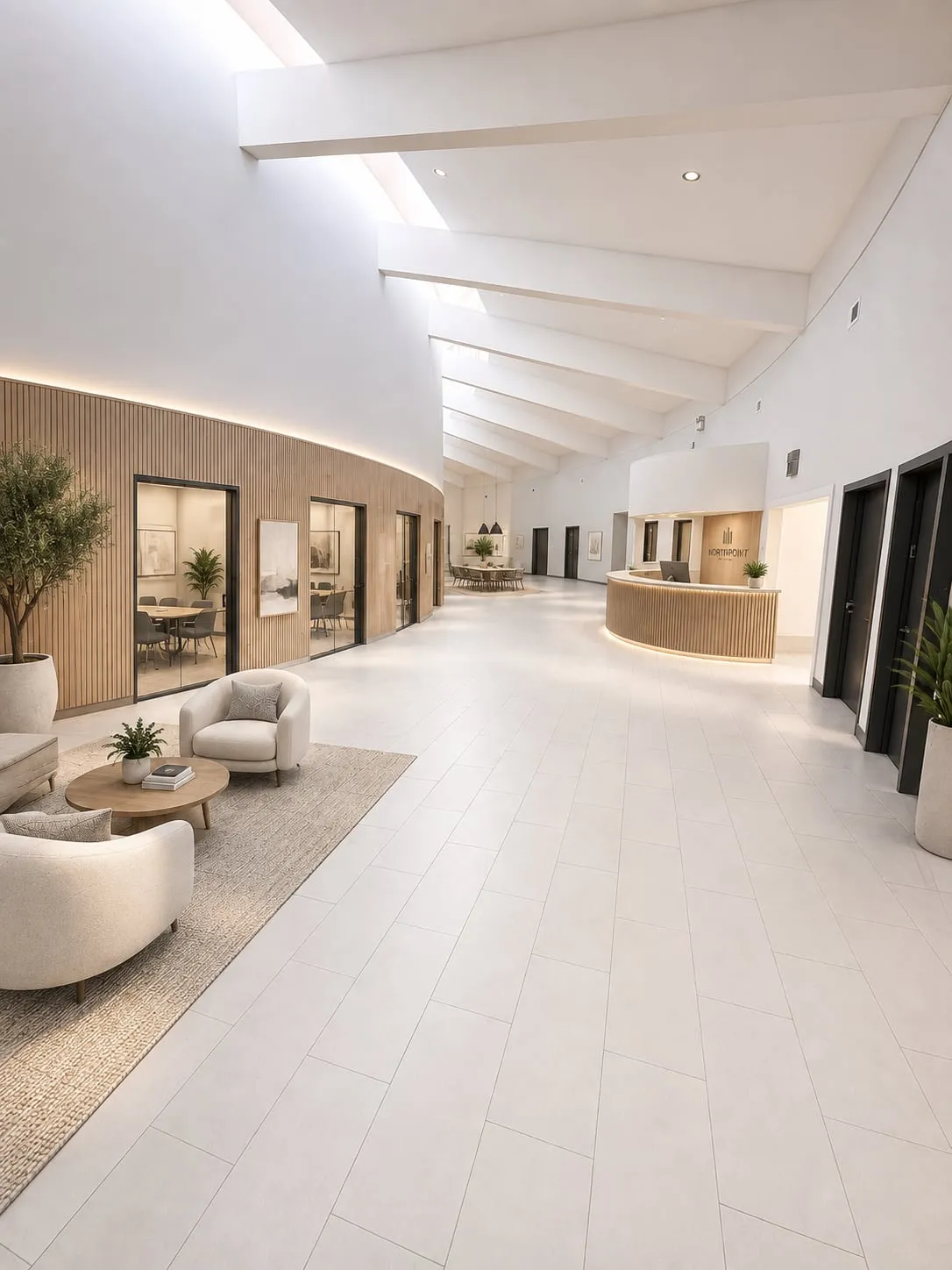 concept visualization of the finished atrium as a medical-office lobby