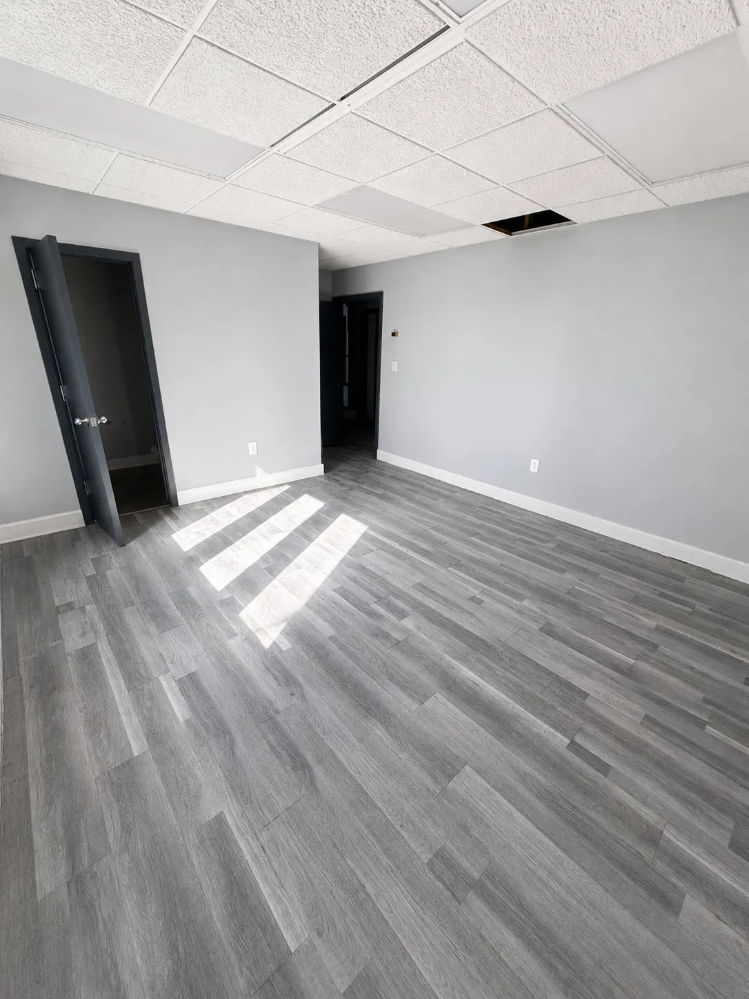 Renovated room with plank flooring and drop ceiling at 125 Dillon Drive